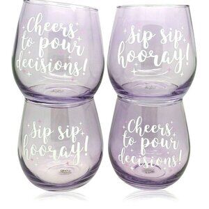 TMD Stemless Wine Glasses Set Of 4 With Fun Quotes 16oz Purple
